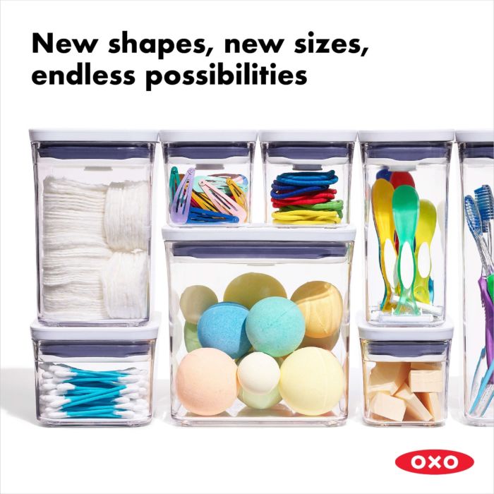 filled and stacked containers with text "new shapes, new sizes, endless possibilities".