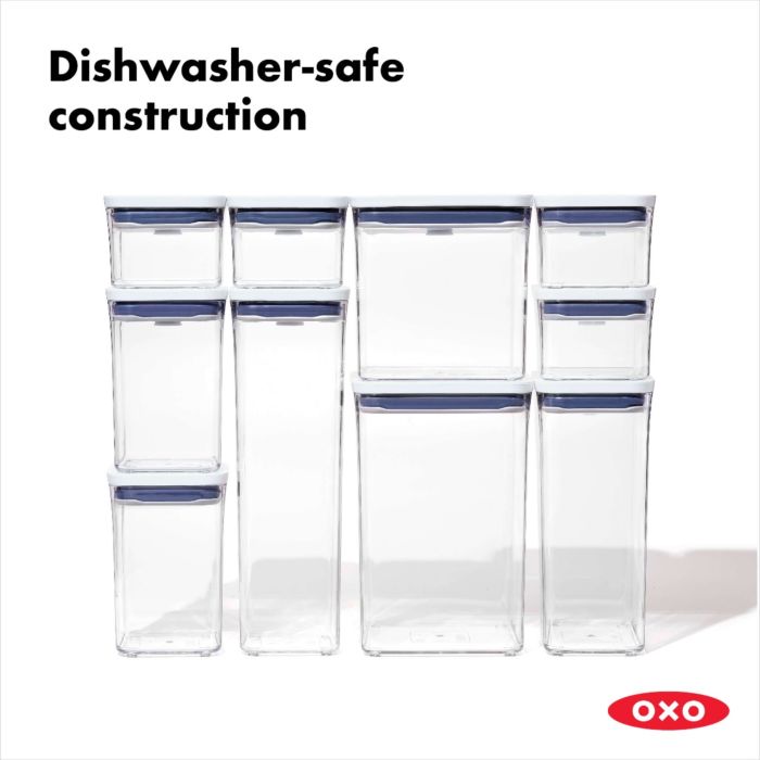 stacked empty containers with text "dishwasher-safe construction".