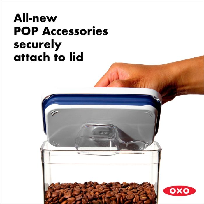 hand removing lid from container with text "all-new pop accessories securely attach to lid".