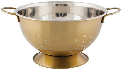 colander with handles, silver interior, and gold exterior.