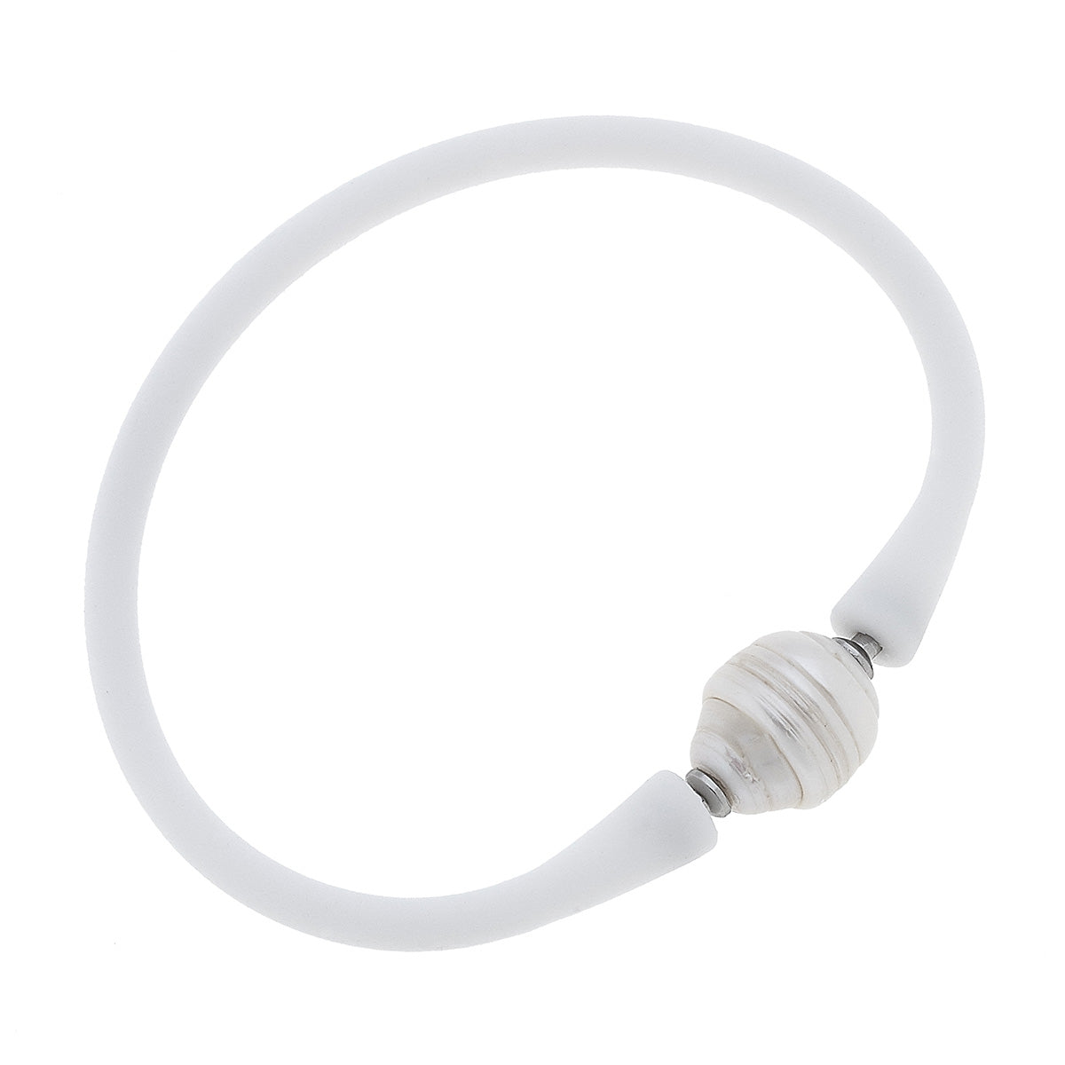 white bali freshwater pearl silicone bracelet on a white background
