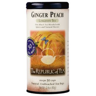 tin of ginger peach black tea on a white background