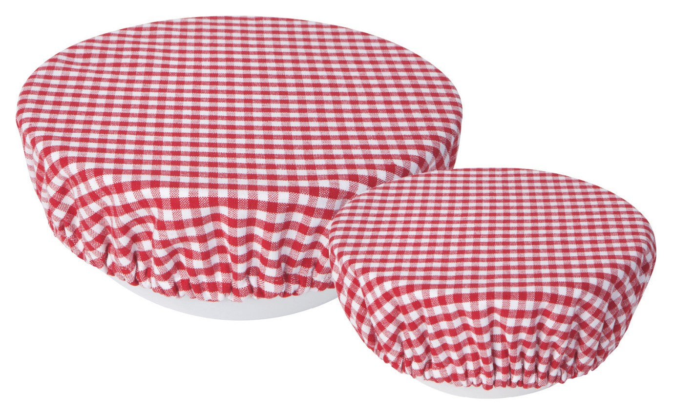 small and large gingham bowl covers are red and white checked displayed on bowls against a white background