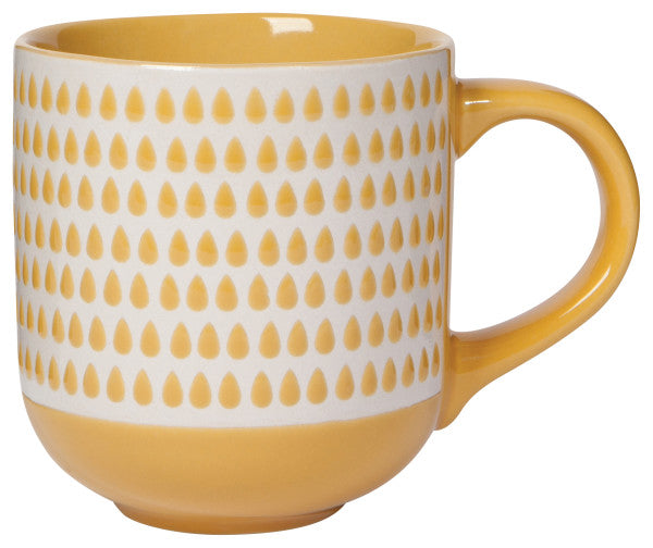 yellow and white cloudburst mug with yellow raindrops scattered all around 