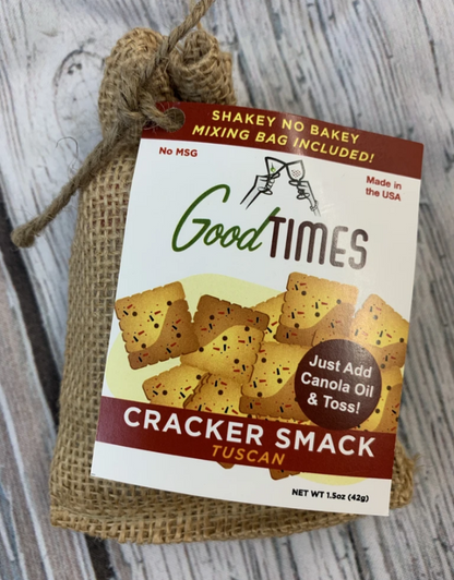 tuscan cracker smack package on a rustic wood surface