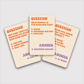 three groovy 70s trivia cards on a white background