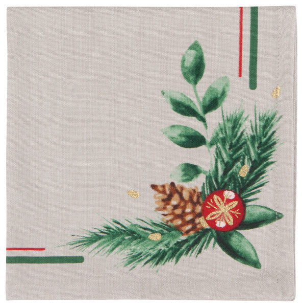 one napkin with foliage pinecone and ornament design.