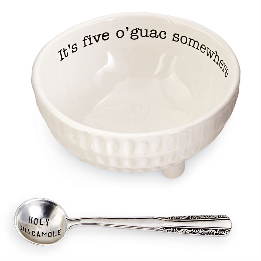 guacamole dip cup has text it's five o'guac somewhere and spoon on a white background.