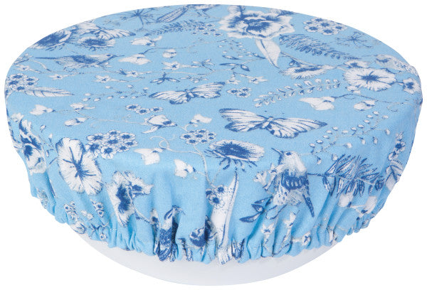 large blue with white and blue flowers bowl cover on a white background