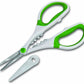 scissors with short blade and white and green handles. blade cover next to scissors