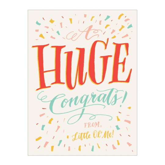 note card with text "a huge congrats".