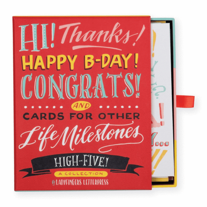 box of note cards with text of congratulations and milestones