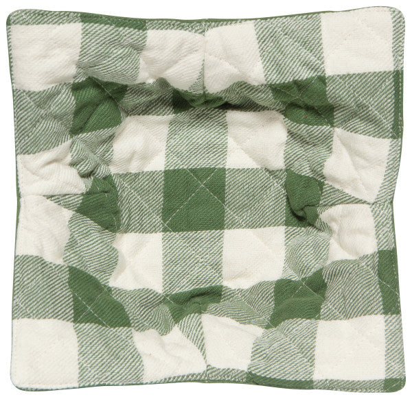 top view of the green and white checked elm green bowl cozy on a white background