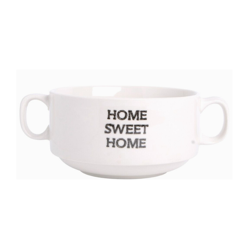 white double handled soup mug with text "home sweet home" in black lettering.