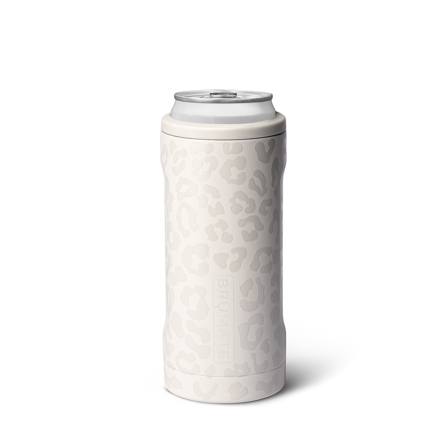 limestone leopard hopsulator slim can cooler is white with gray leopard spots all over against a white background