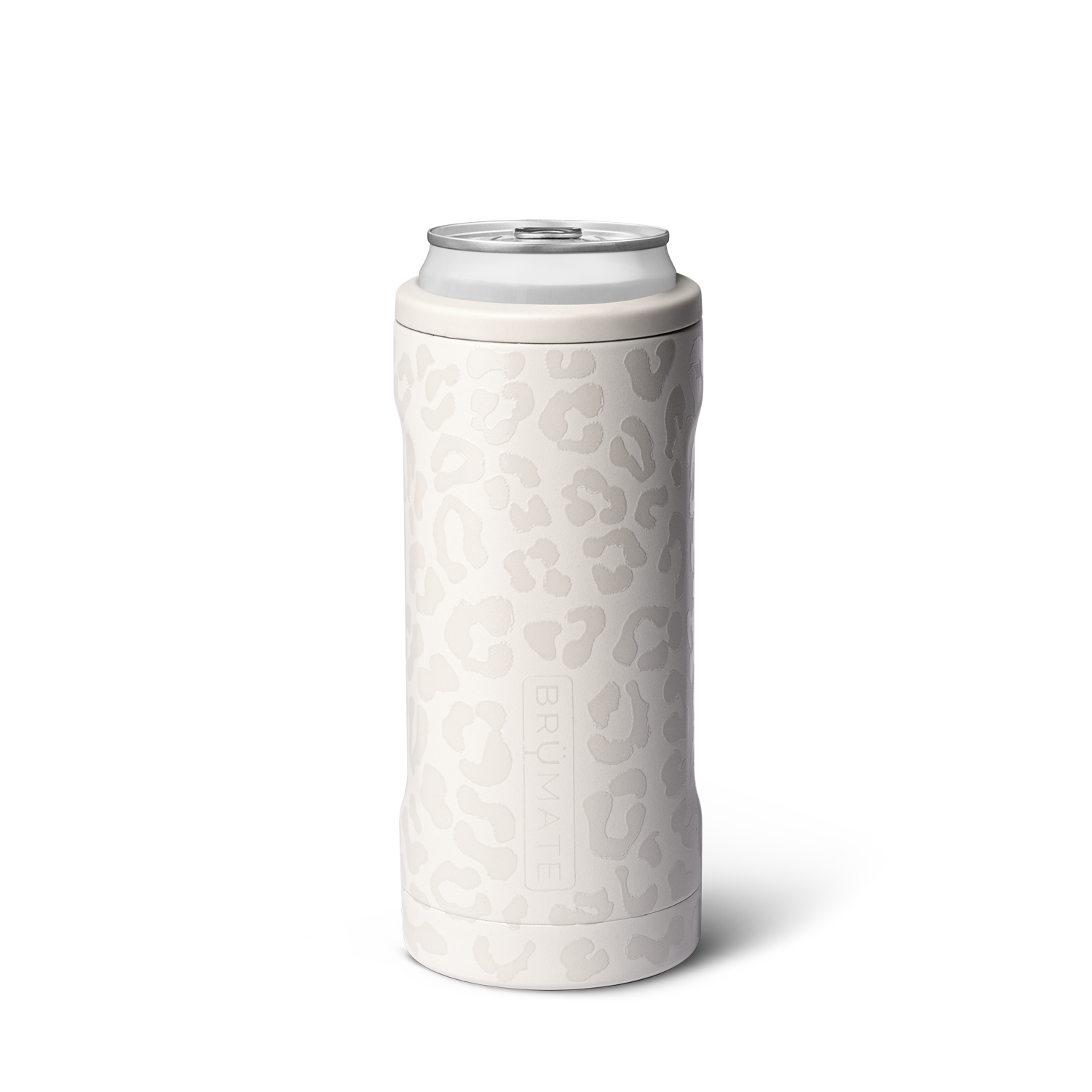 limestone leopard hopsulator slim can cooler is white with gray leopard spots all over against a white background