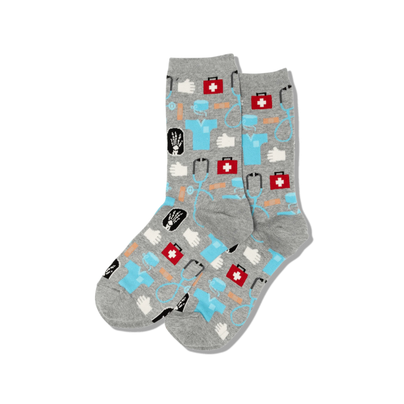 heather gray medical crew socks displayed flat on a white background