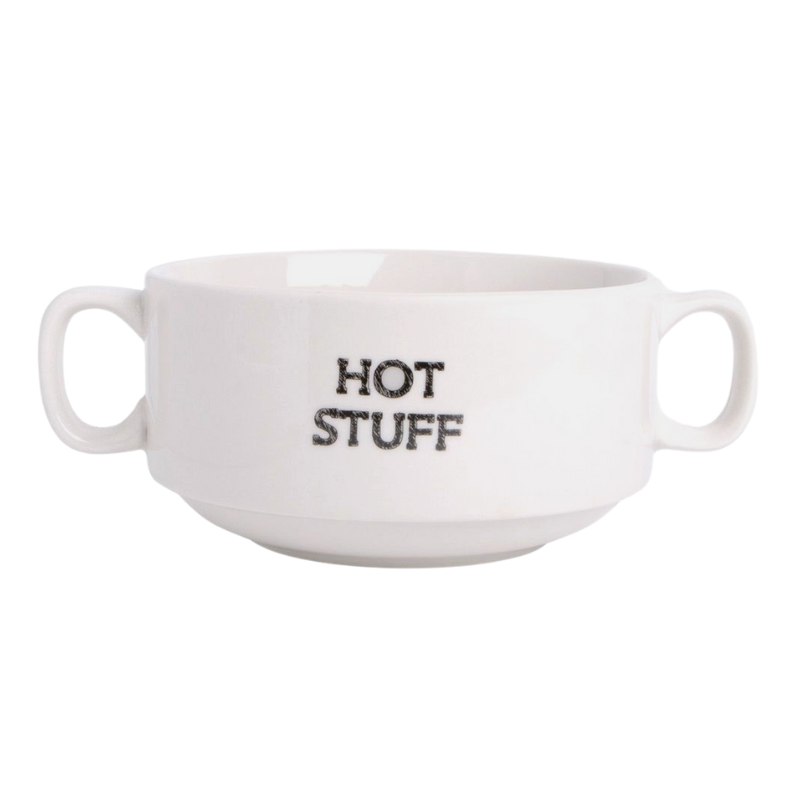 white double handled soup mug with text "hot stuff" in black lettering.