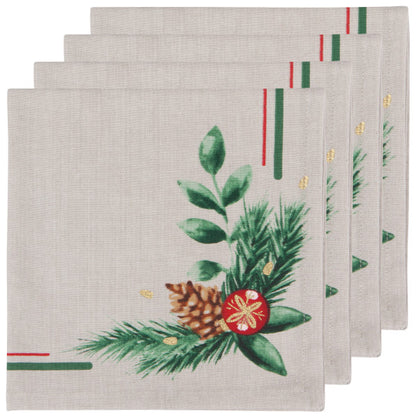 4 cloth napkins with red and green strip around the boarder and winter foliage, pine cone, and ornament design in one corner.