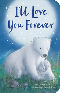 front cover of book illustrating nighttime with a momma bear looking down at her cub, title, authors name, and illustrators name