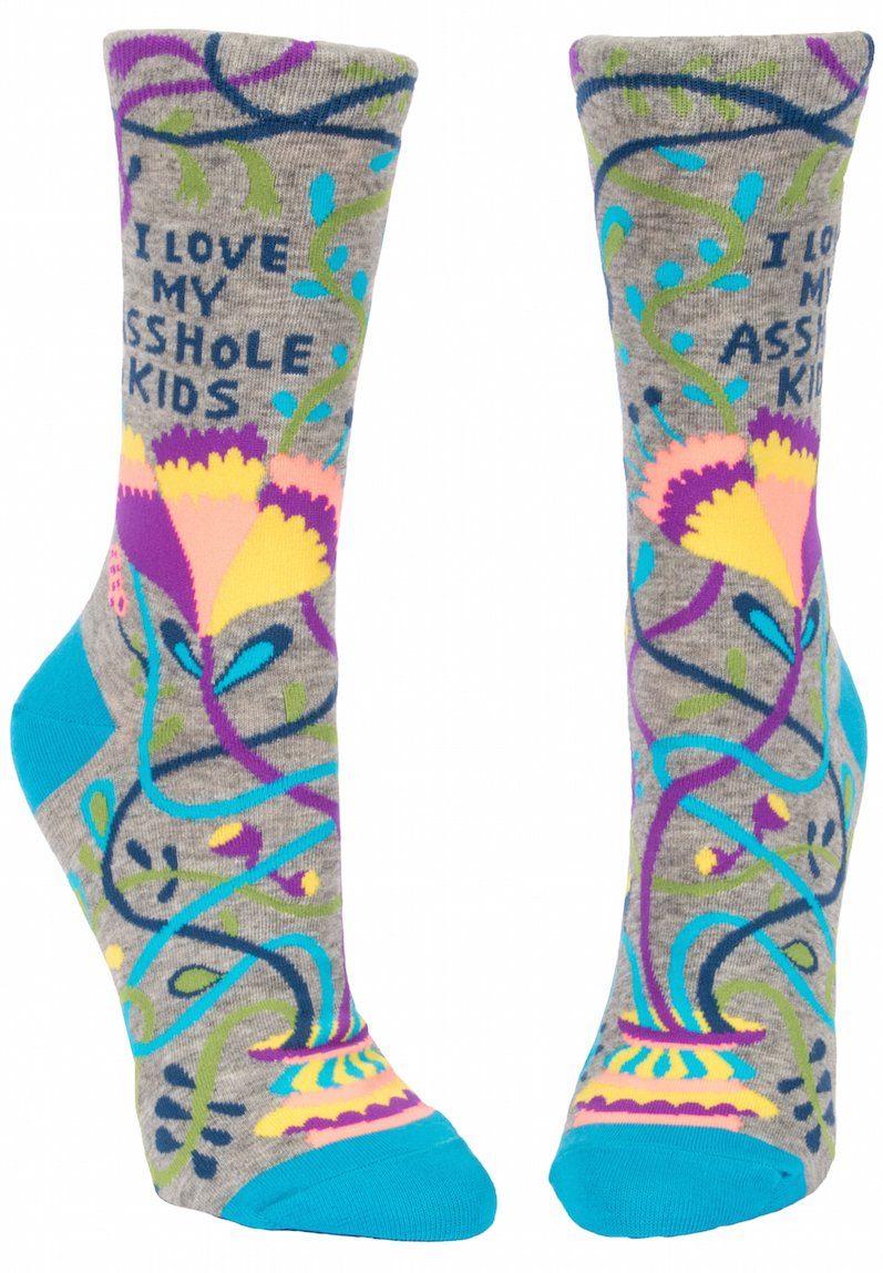 front view of i love my asshole kids socks on a white background