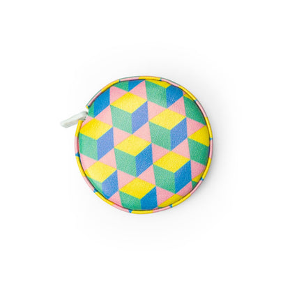 yellow green and blue mini tape measure on a white background