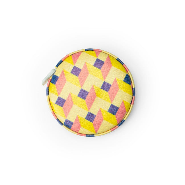 yellow pink and purple mini tape measure on a white background