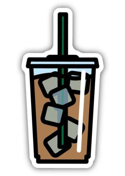 sticker on white background. sticker has graphic of a cup filled with ice cubes and coffee; cup has a lid and straw.