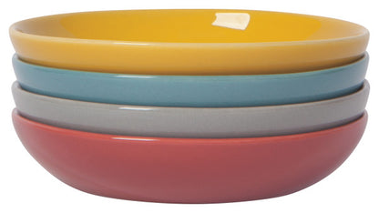 4 dishes stacked up, assorted colors are pale red, grey, light blue, and yellow.
