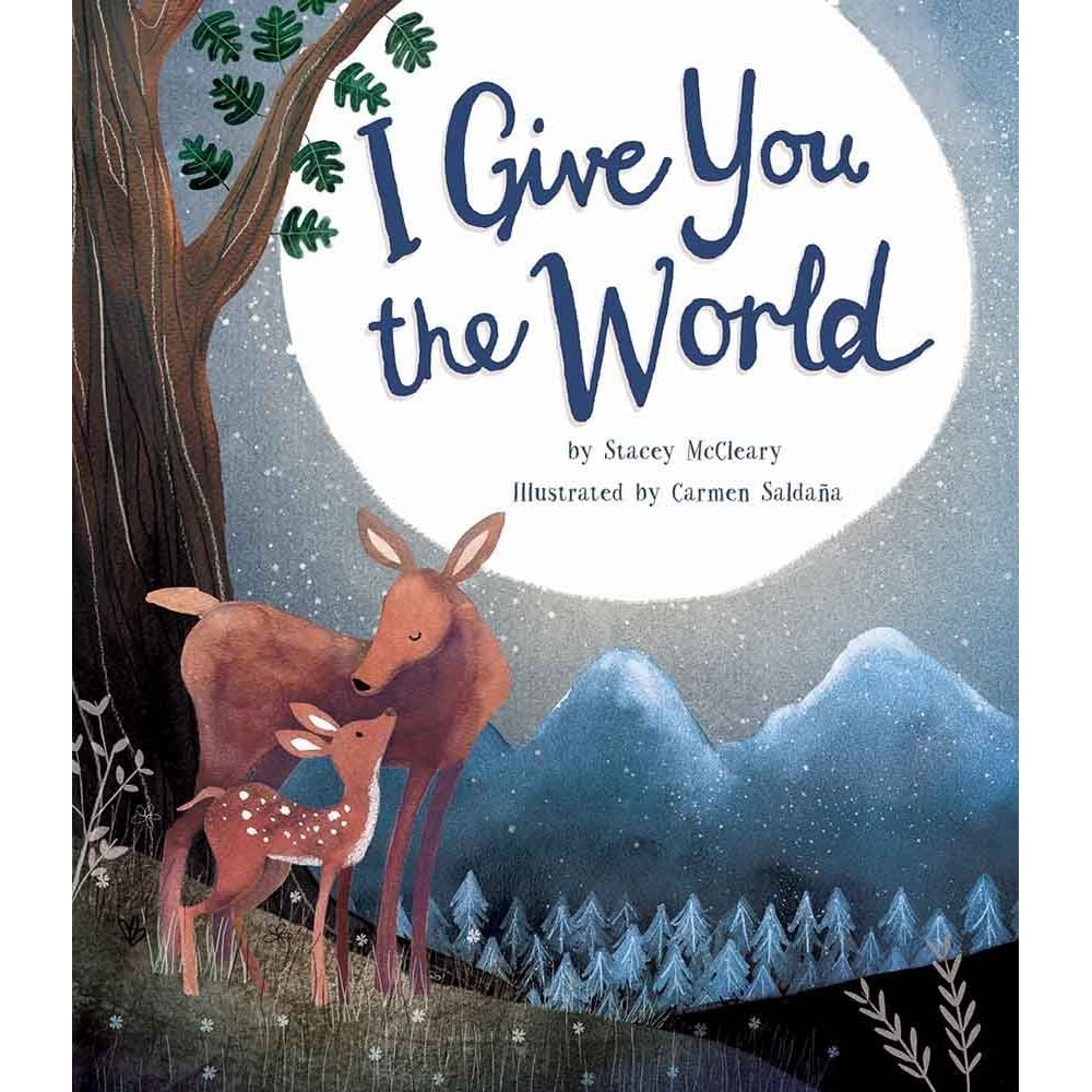 front cover of book with a mamma dear with fawn standing next to a tree at night with a large moon in the sky, title, authors name, illustrators name