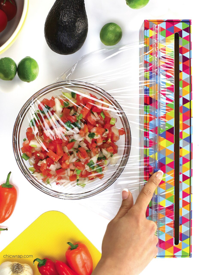 illustration of the triangles plastic wrap dispenser cutting the plastic wrap surrounded by food on a white background