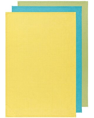 3 flour sack dishtowels: one each of yellow, teal, and lime green.