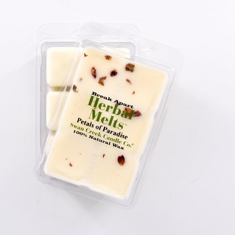 ivory colored wax with petals on top in packaging with another package showing the bottom of the wax melts break apart design.