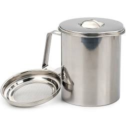  grease holder with strainer next to it on white background.