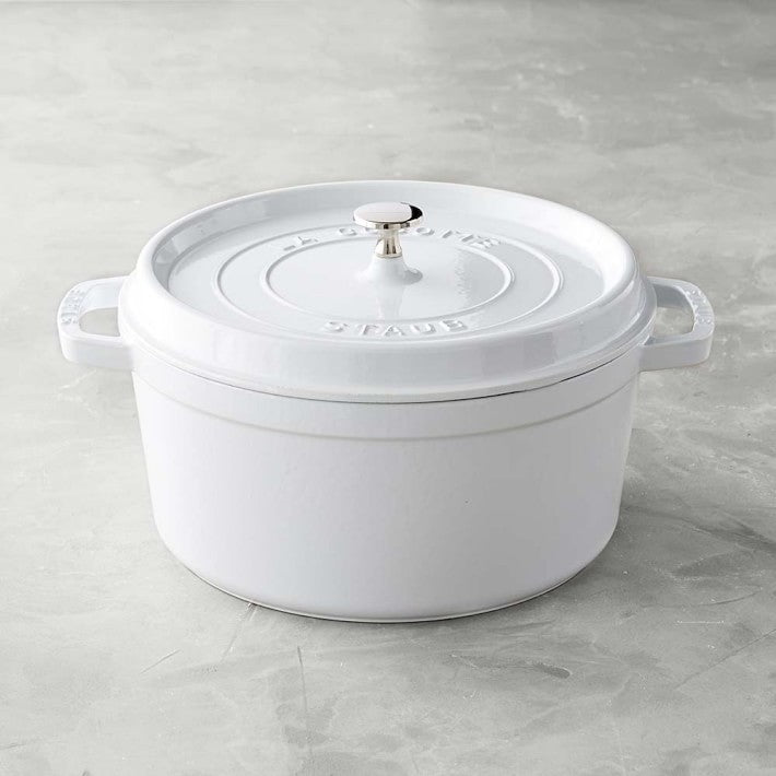 white dutch oven on marble countertop