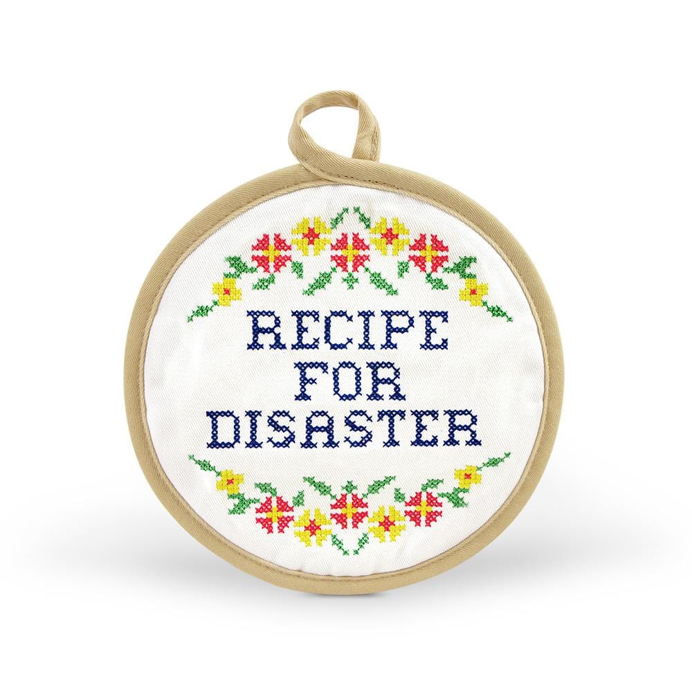 in stitches pot holder with text "recipe for disaster" on a white background