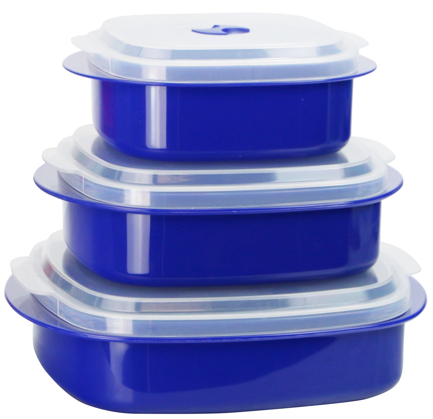 stack of 3 indigo storage containers with lids on white background.