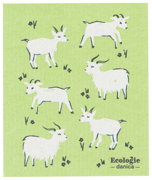 swedish dishcloth with green background and goat graphics.