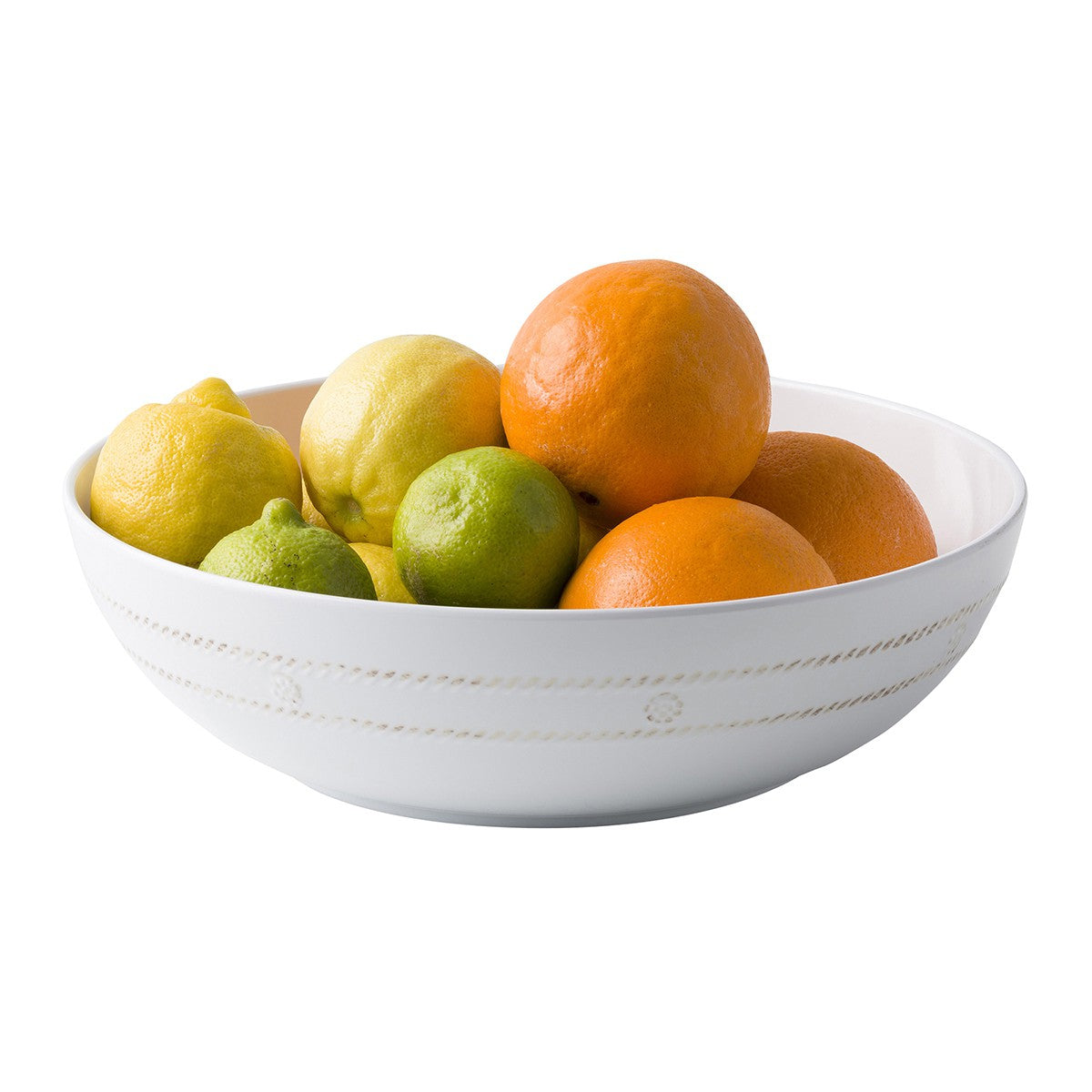 berry and thread large melamine serving bowl displayed with lemons and oranges on a white background