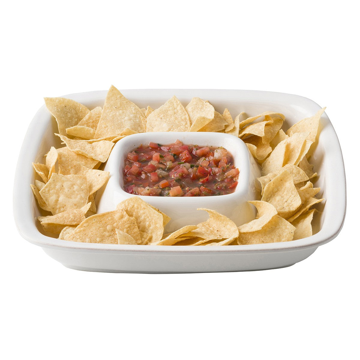 puro chip and dip tray filled with chips and salsa on a white background