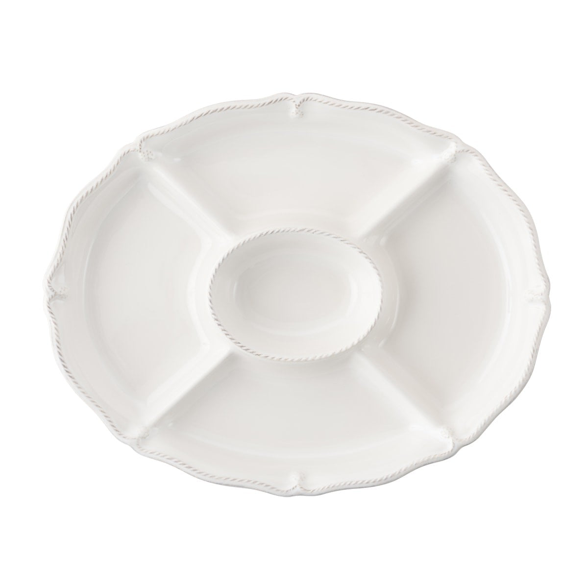 top view of the berry and thread crudite platter on a white background