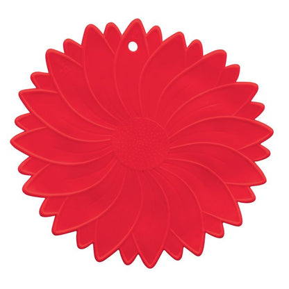 red silicone jar opener with flower petal pattern on a white background