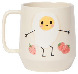 other side of mug with fried egg with face, arms, and legs.