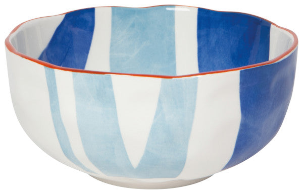 side view of the medium canvas stamped bowl with white, light blue, and dark blue colors