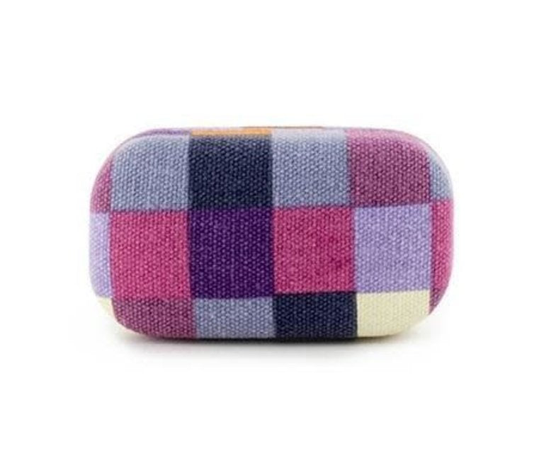 disco plaid travel case with pink and purple check pattern on a white background