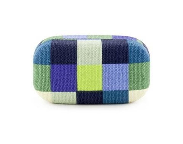 cool plaid travel case  with blue and green check pattern on a white background