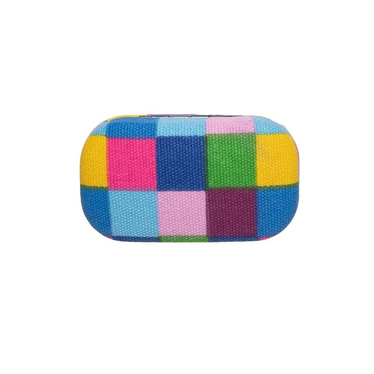 retro plaid travel case with multi color check pattern  on a white background