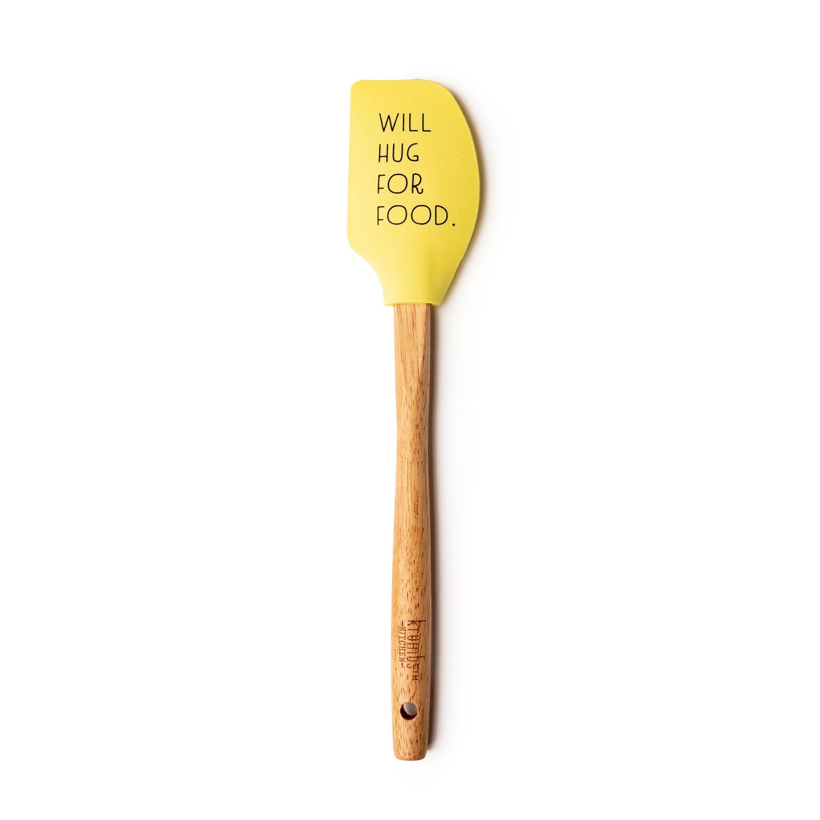 yellow spatula with "will hug for food" printed on it and a wooden handle.