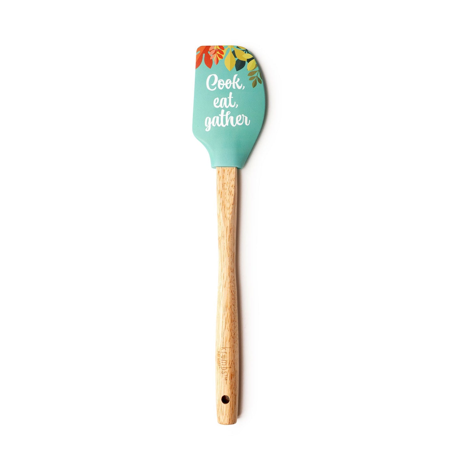 blue spatula with leaf design and "cook, eat, gather" printed on it and a wooden handle.