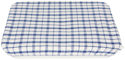 blue and white plaid cover on a baking dish.